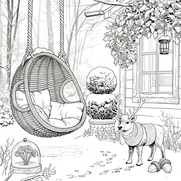 Christmas reindeer with a wicker hanging chair in a snowy winter yard beside a cottage, realistic line art — free printable outdoor living coloring book page