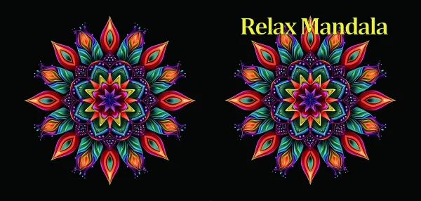 Cover page for coloring book, two colorful symmetrical mandala patterns — free printable balance coloring book page