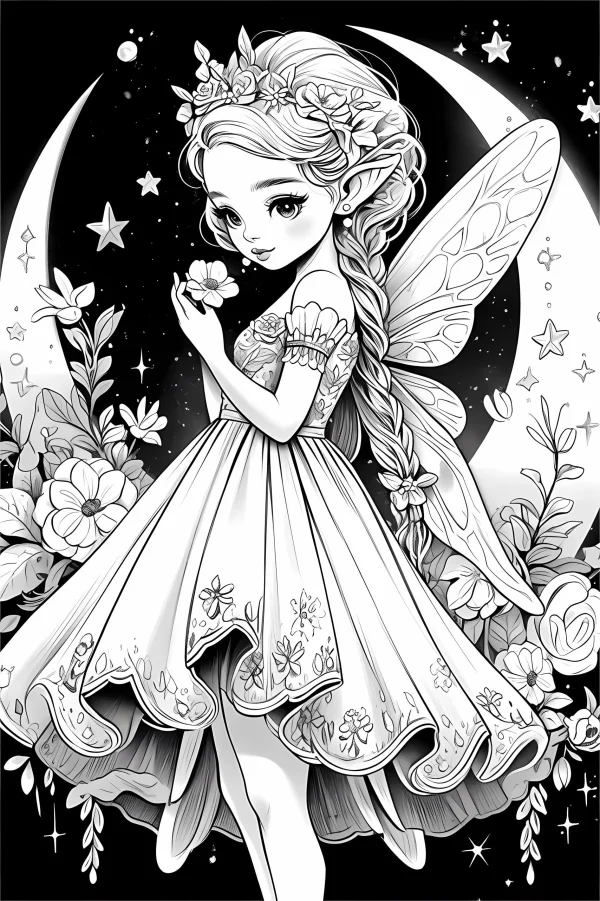 Cute flower fairy with braided hair and flower crown sitting on crescent moon, cartoon fairy tale style — free printable starry sky coloring book page