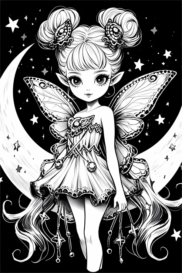 Cute elf girl on crescent moon, cartoon fantasy style — free printable starry sky coloring book page