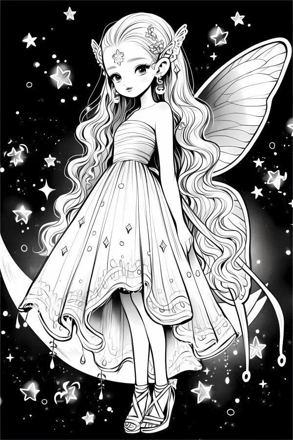 Long-haired fairy with butterfly wings standing on a crescent moon, cartoon fairy tale style — free printable starry sky coloring book page