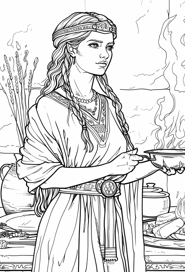 Nordic-style traditional clothing woman holding a steaming pot, realistic line art — free printable nordic culture coloring book page