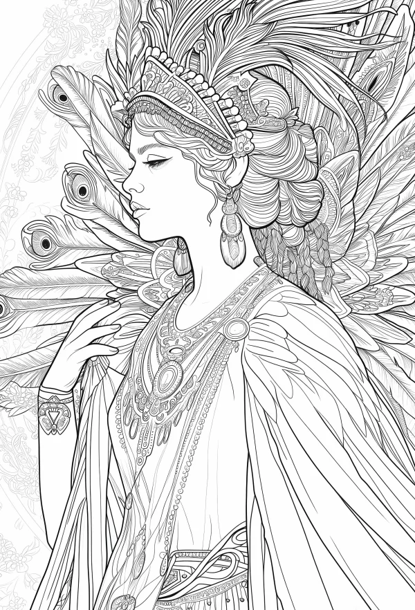 Classical goddess with peacock feather headdress, classical fantasy style — free printable classical coloring book page