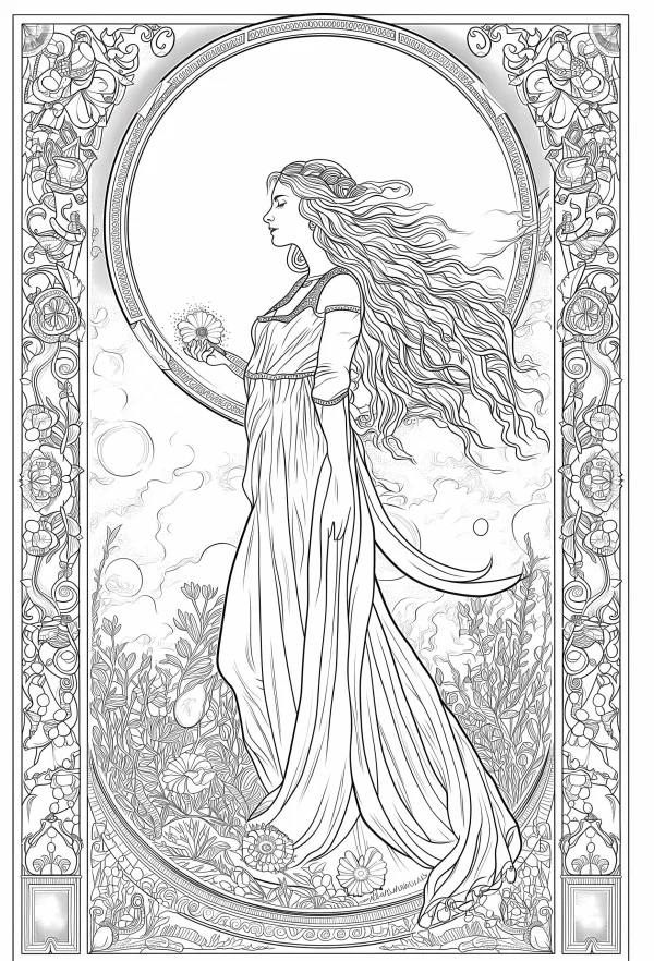 Art nouveau style long-haired fairy holding dandelion, surrounded by flowers — free printable art nouveau coloring book page