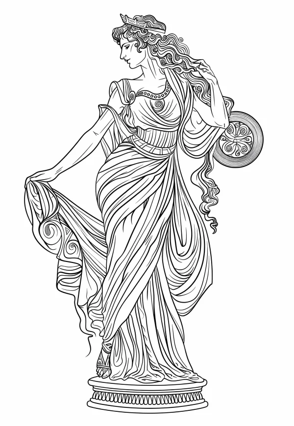Classical greek goddess, ancient greek art style — free printable greek culture coloring book page