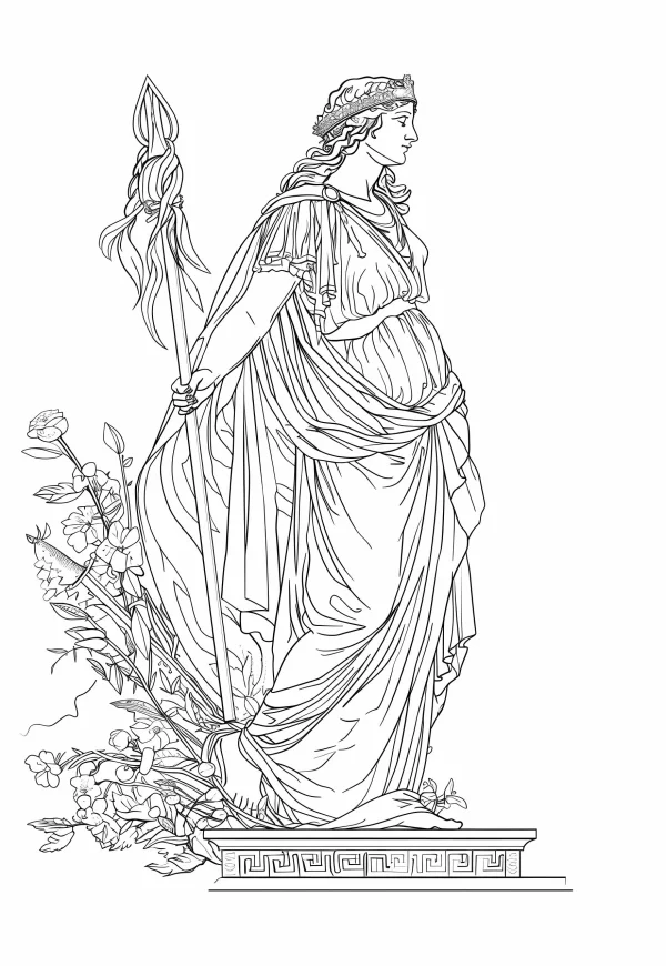 Greek classical goddess holding a staff, classical art style — free printable greece coloring book page