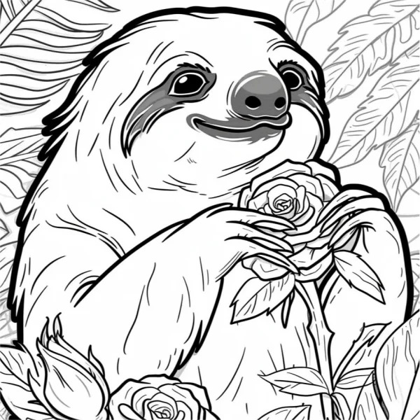 Sloth holding a rose, cartoon style — free printable romance coloring book page