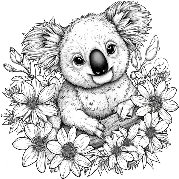 Koala surrounded by flowers, fine smooth detailed lines — free printable animal theme coloring book page