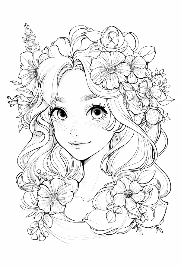 Cute girl with flower crown and curly hair, anime cartoon style — free printable girl coloring book page
