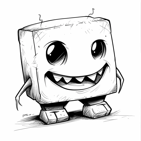 Cute cartoon square monster with big eyes and sharp teeth, cartoon style — free printable cartoon coloring book page