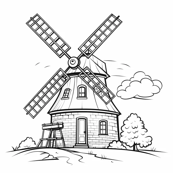 Rural windmill cottage, cartoon style — free printable rural life coloring book page