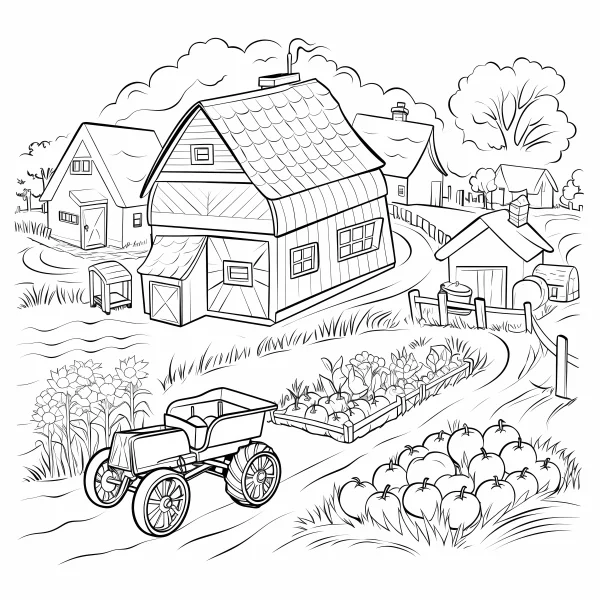 Rural farm scene with cottage, barn — free printable farm coloring book page