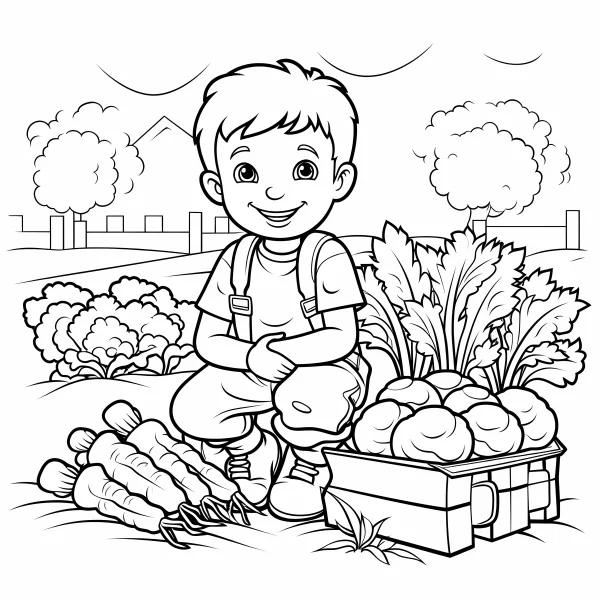 Cartoon little boy squatting in a vegetable garden, surrounded by carrots — free printable children coloring book page