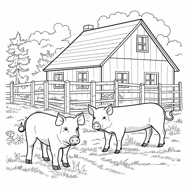 Two pigs on a farm, cartoon sketch style — free printable farm life coloring book page