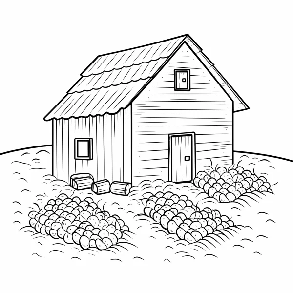 Farm cottage, cartoon style — free printable farm coloring book page