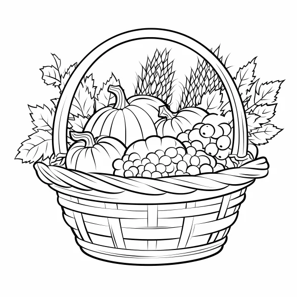 Harvest basket filled with pumpkins, grapes and wheat ears — free printable thanksgiving coloring book page
