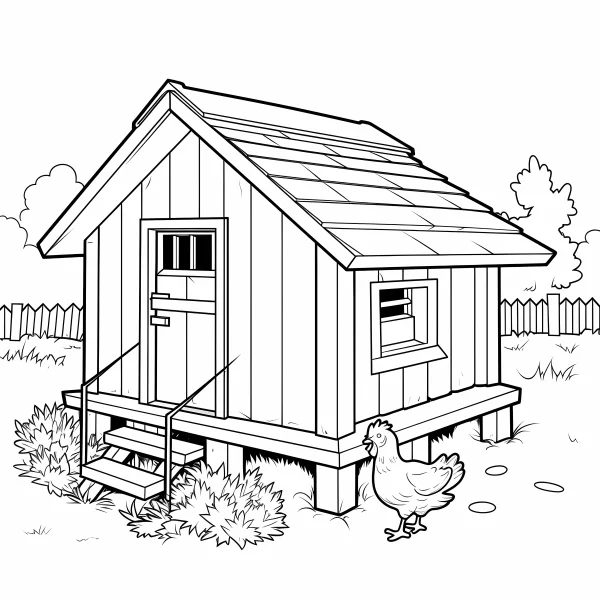 Chicken coop and chicken, farm style — free printable farm life coloring book page