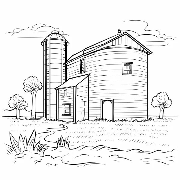 Farm barn and silo, sketch style — free printable farm coloring book page