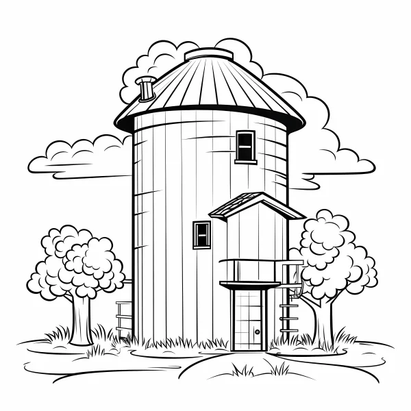 Farm silo with attached small house, cartoon style — free printable farm coloring book page