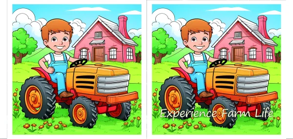 Coloring book comparison page, left side colored cartoon boy driving orange tractor on farm — free printable farm life coloring book page