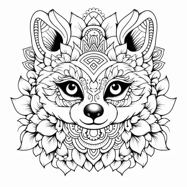 Mandala-style cute fox head, surrounded by floral and symmetrical decorative patterns — free printable mandala coloring book page