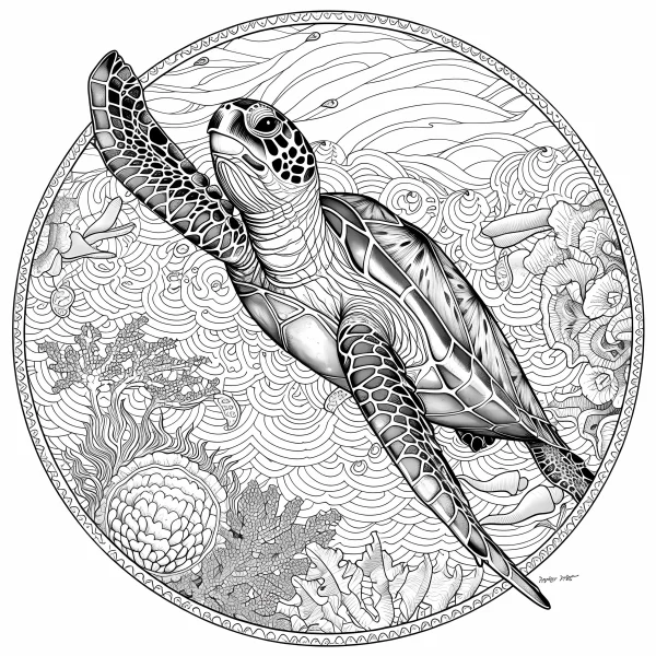 Mandala-style sea turtle, realistic  surrounded by coral — free printable mandala coloring book page