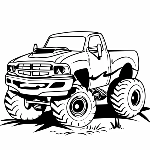 Bigfoot monster truck, cartoon style — free printable transportation coloring book page