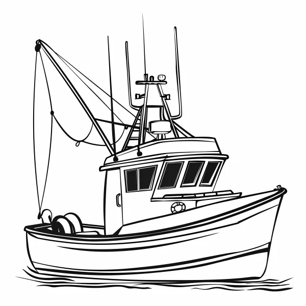 Fishing boat with fishing net, realistic style — free printable fishing coloring book page