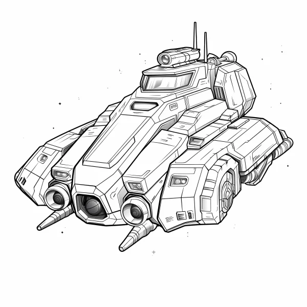 Sci-fi battle tank, mechanical sci-fi style — free printable mechanical coloring book page
