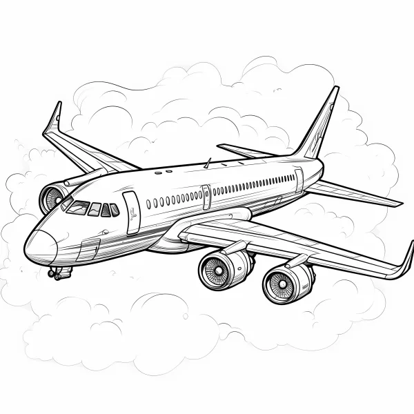 Civil aviation airplane, realistic style — free printable transportation coloring book page