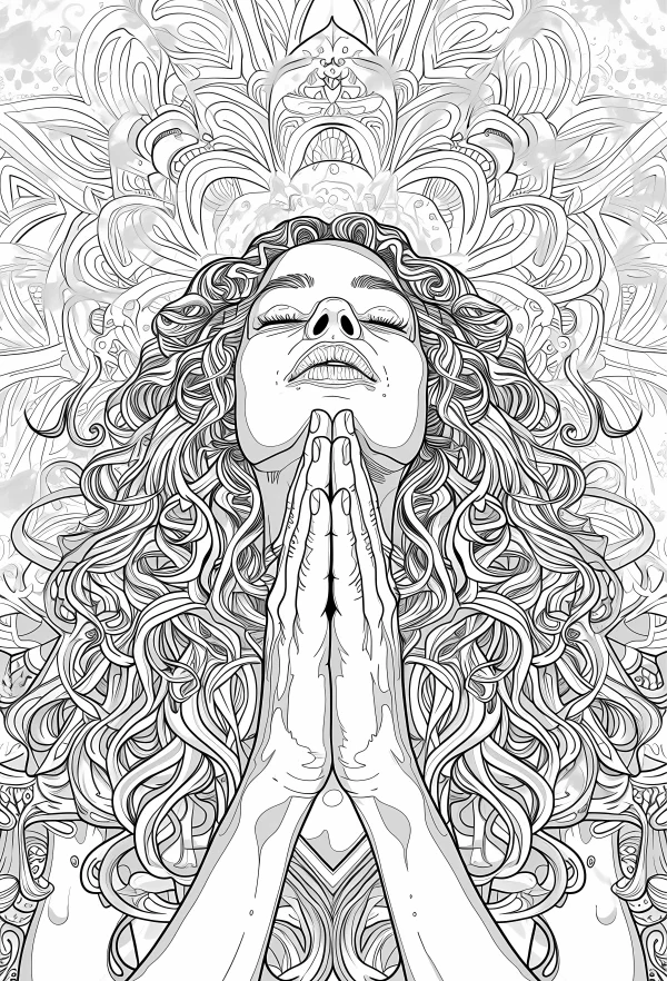 Curly-haired woman with hands clasped in meditation, mandala style intricate decorative patterns background — free printable meditation coloring book page