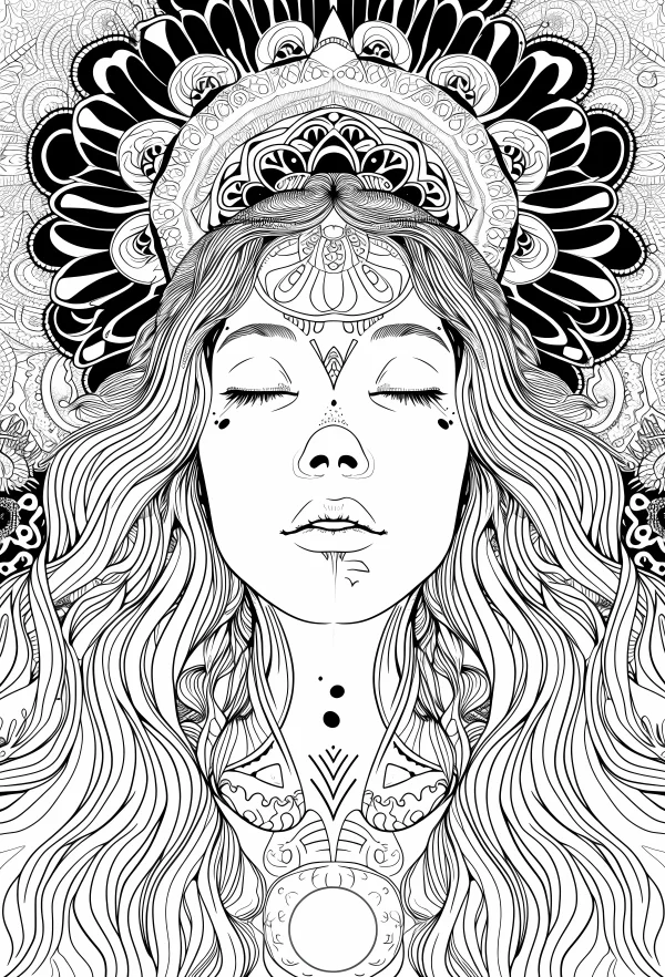 Tribal style decorated woman with closed eyes, tribal art style combined with mandala patterns and intricate tribal motifs — free printable indigenous coloring book page