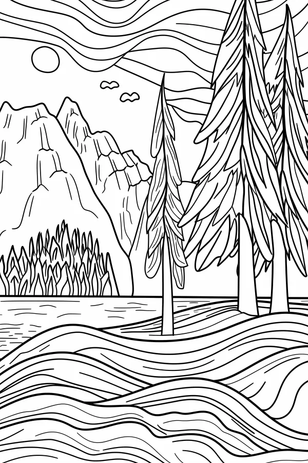 Nature landscape with pine trees, rocky mountains and lake — free printable mountains and rivers coloring book page