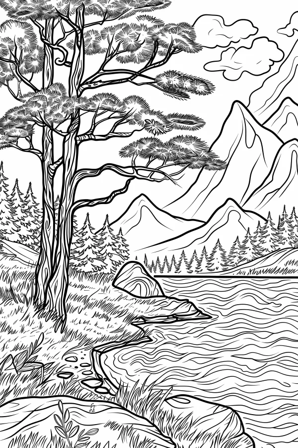 Pine tree forest by river with mountain landscape, realistic line art style — free printable mountains and rivers coloring book page
