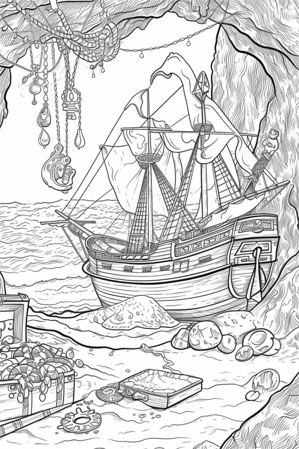 Pirate ship with treasure chests on cave beach, fantasy adventure style — free printable adventure coloring book page