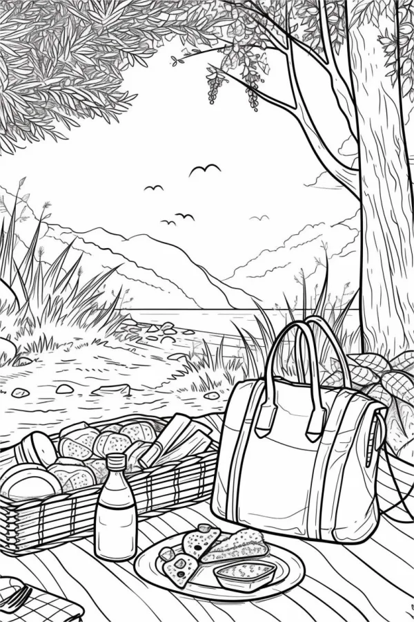 Outdoor picnic scene by the riverside, with picnic basket — free printable picnic coloring book page