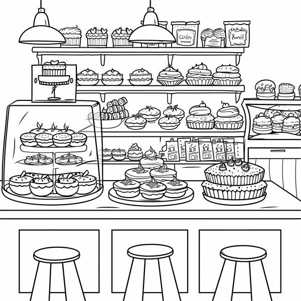 Various desserts in a bakery shop including cupcakes and layer cakes, cartoon style — free printable life scenes coloring book page