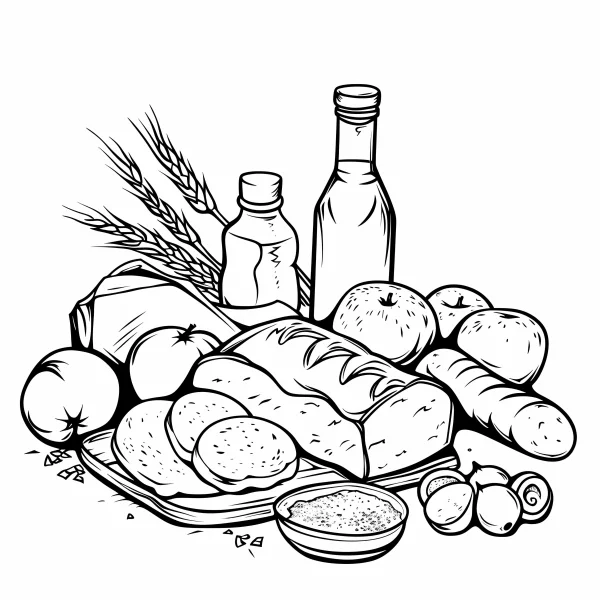 Still life combination of bread, fruits — free printable harvest coloring book page