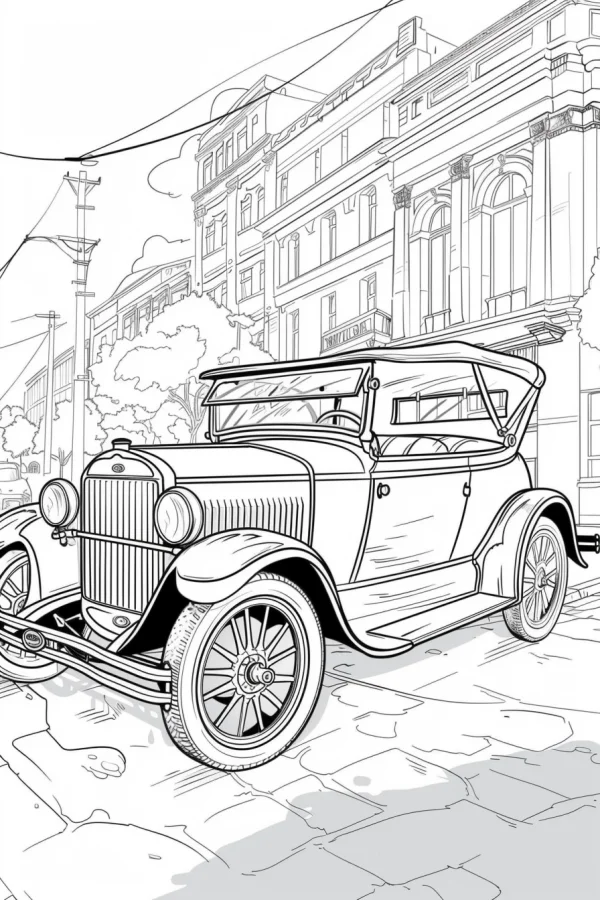 Vintage convertible car, retro style — free printable city coloring book page