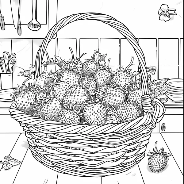 Woven basket full of fresh strawberries, kitchen background with utensils — free printable home life coloring book page