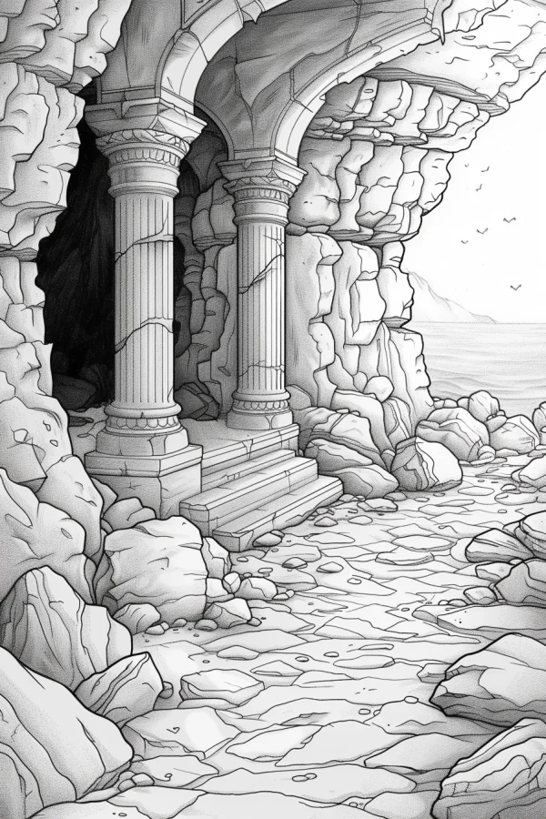 Abandoned classical colonnade in seaside cave, realistic line art style — free printable ruins coloring book page