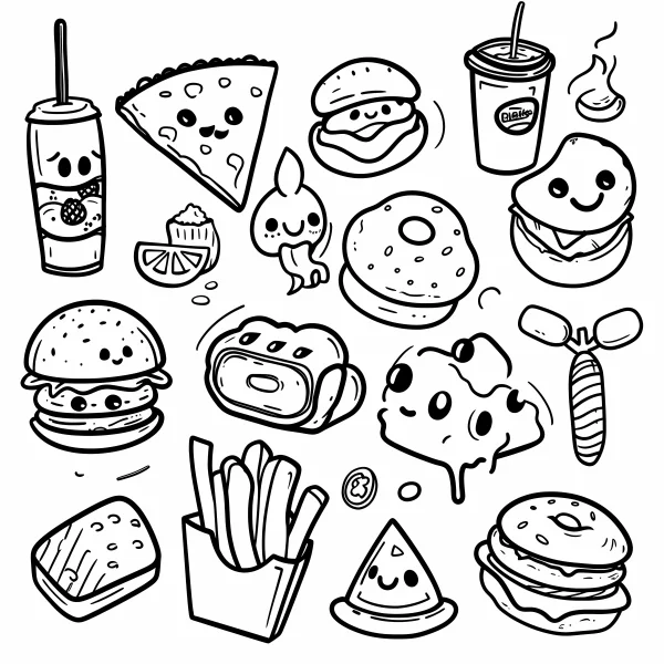 Cute anthropomorphic fast food characters including burgers, pizza — free printable cartoon coloring book page