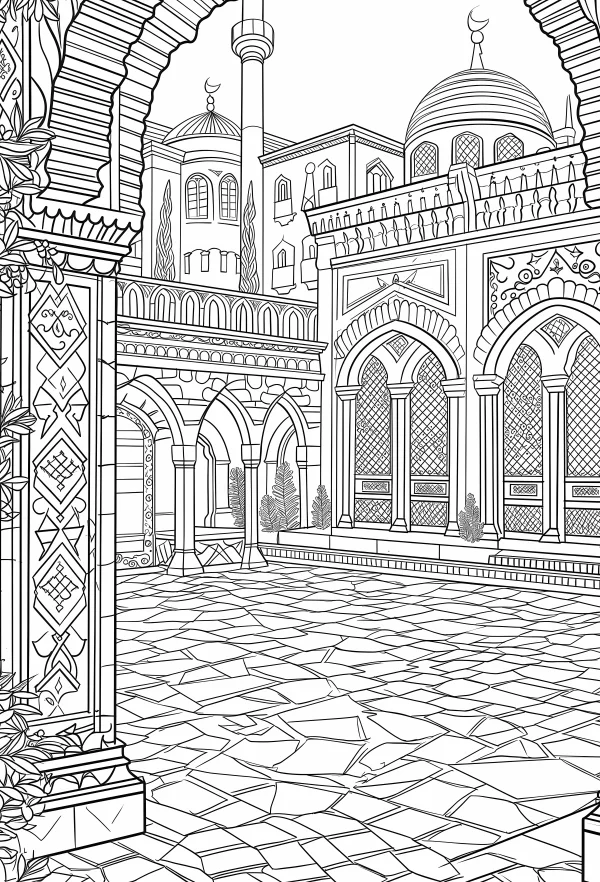 Coloring book page, middle eastern style architecture complex with domes and minarets — free printable middle east coloring book page