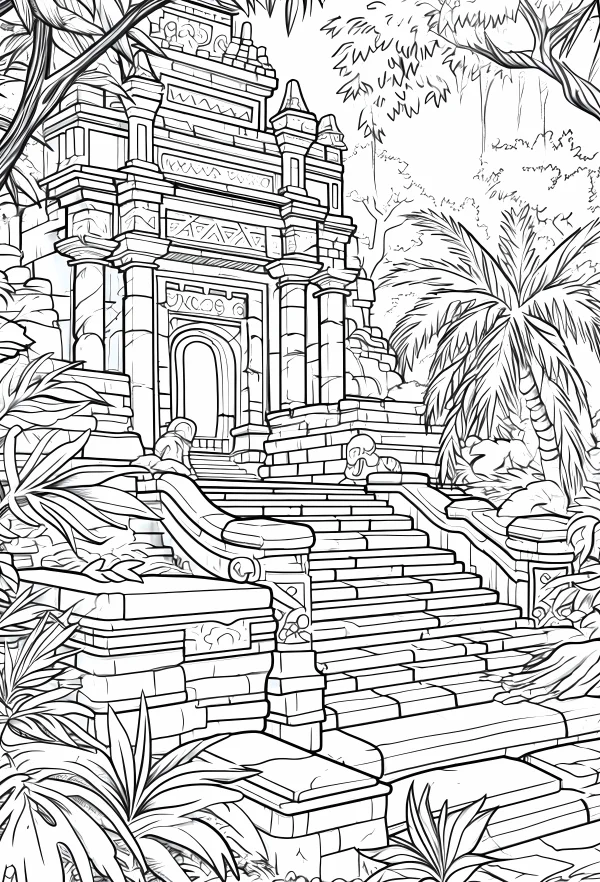 Ancient temple in tropical jungle, realistic illustration style — free printable southeast asian culture coloring book page