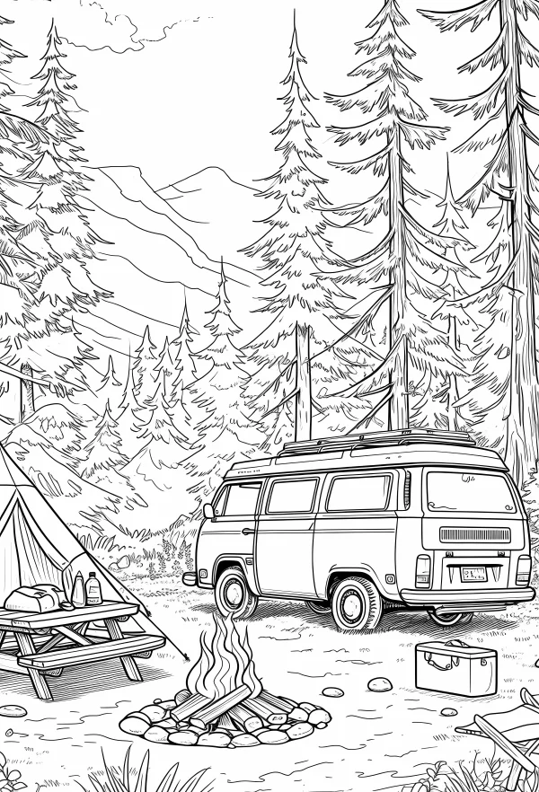 Forest camping scene with vintage camper van, tent — free printable camping coloring book page