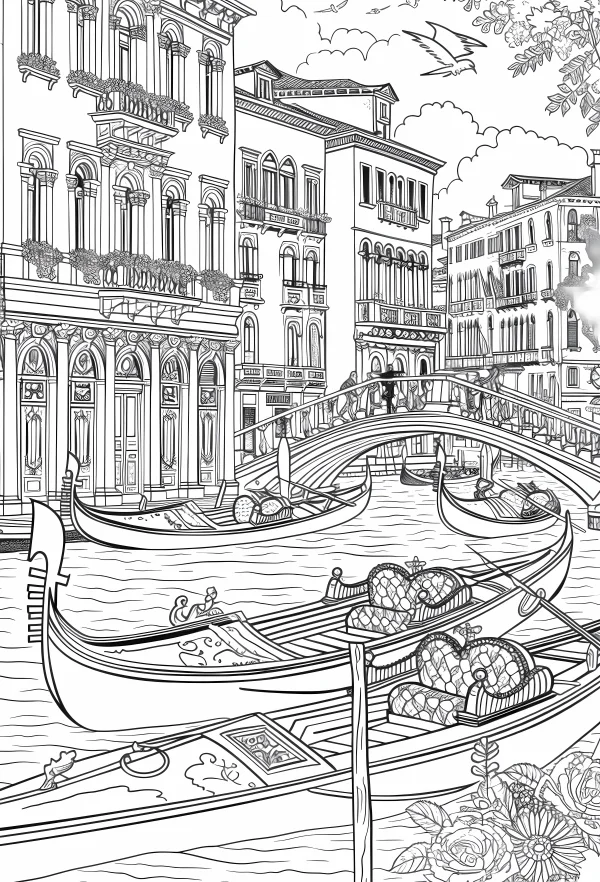 Venice water town with gondolas and european-style buildings, european realistic sketch style — free printable cityscape coloring book page