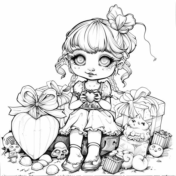 Cartoon girl holding a heart, cute chibi style — free printable birthday coloring book page