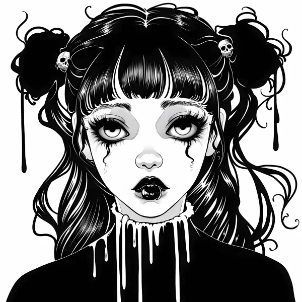 Dark gothic girl with skull hair accessories, gothic horror style — free printable dark coloring book page