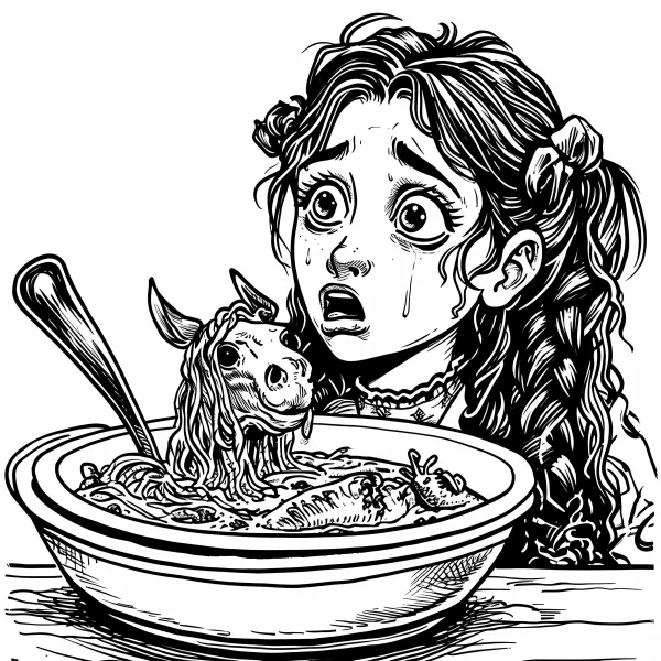 Terrified girl crying while looking at a bowl of spaghetti with a horse head emerging, surreal cartoon style — free printable surreal coloring book page