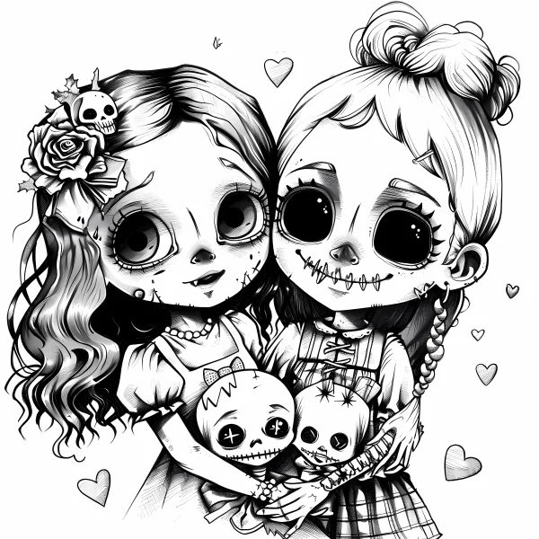 Two gothic cartoon girls holding skull dolls, gothic cartoon style — free printable friendship coloring book page